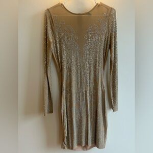 Windsor Nude/Tan Long Sleeve Mesh Dress with Rhinestones